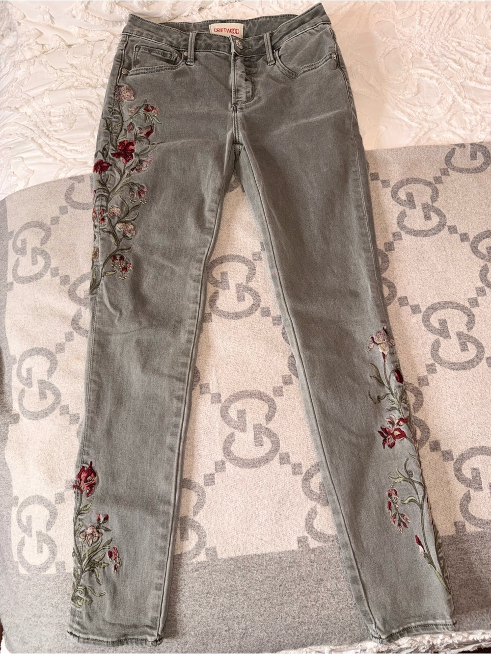 DRIFTWOOD Jackie Light Gray Washed Denim Jeans with floral embroidery